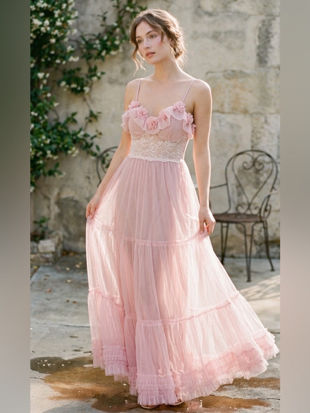 Romantic Pink Lace and Flowers Details Maxi Dress SMALL/MEDIUM